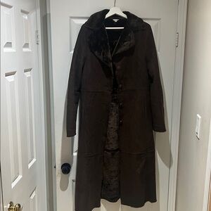 Chocolate brown faux suede shearling coat